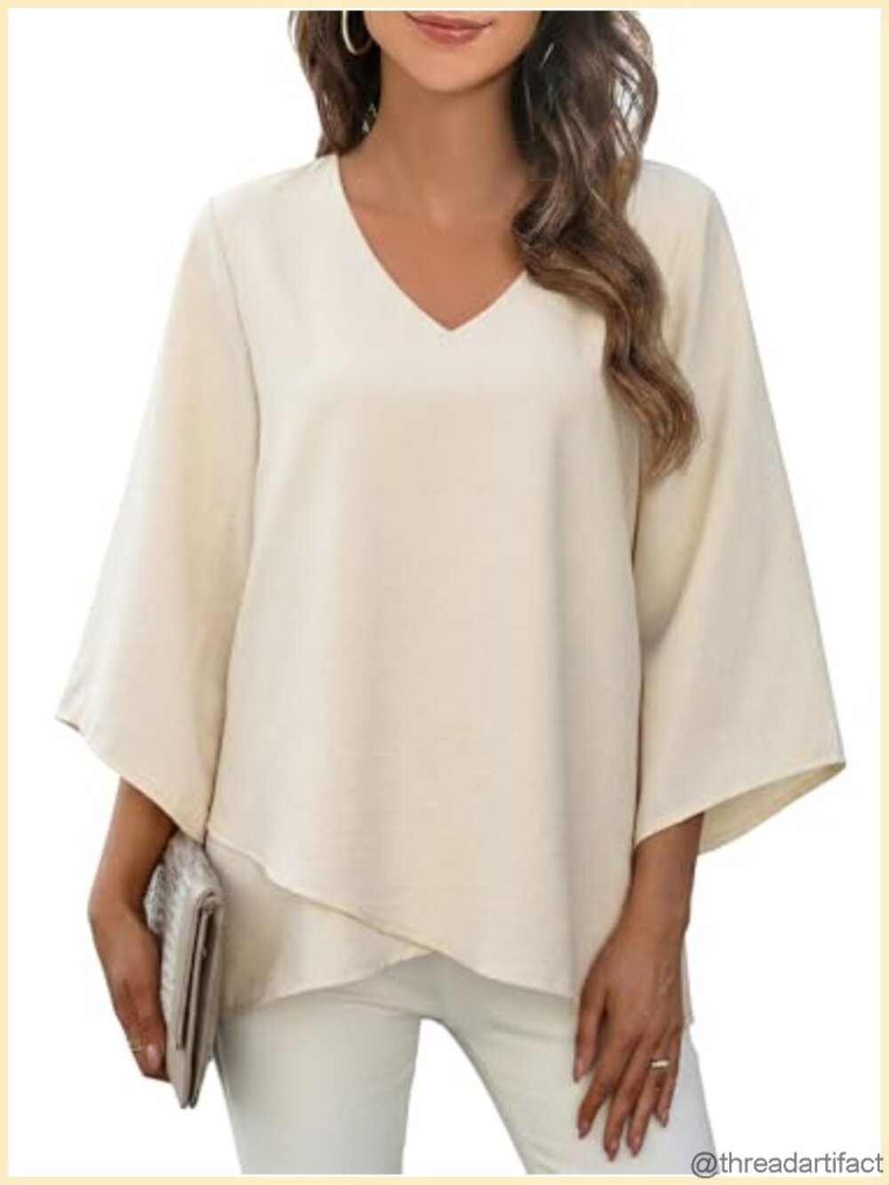 Womens Asymmetrical Hem Tunic Top V-Neck 3/4 Sleeve Loose Casual Blouse